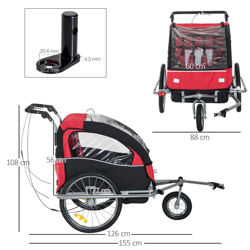 Black and Red 2-Seater Bicycle Baby Child Carrier Trailer