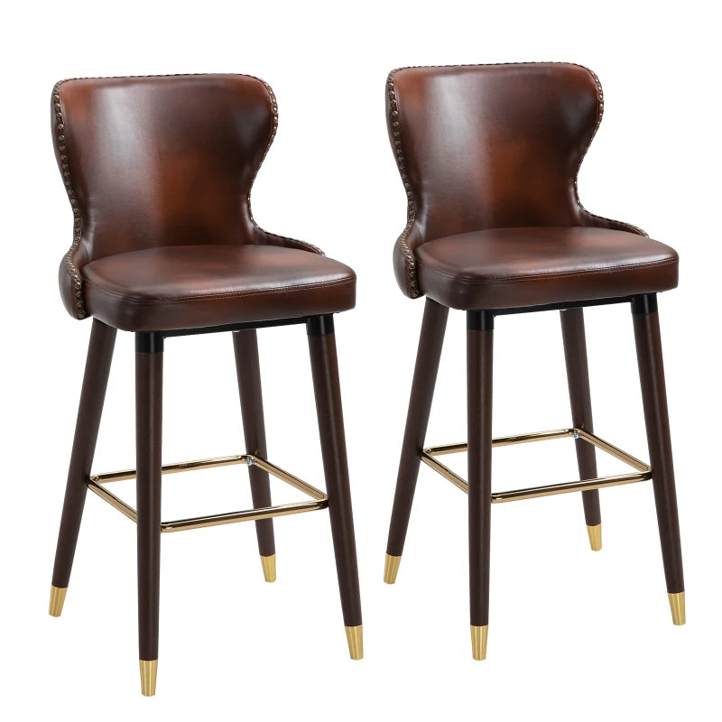 Brown PU Leather Bar Stools Set of 2, Retro Kitchen Chairs with Wingbacks and Footrest