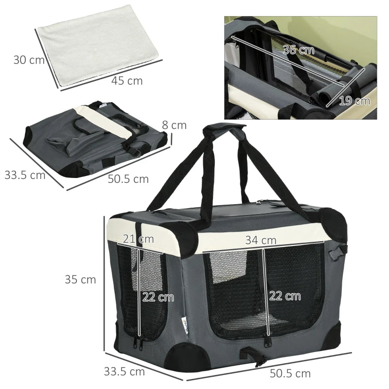 Foldable Grey Pet Carrier with Cushion - 51cm for Mini Dogs and Cats