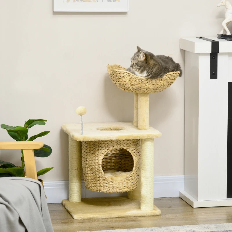 Beige Cat Tree with Scratching Posts, House, Bed & Toy Ball