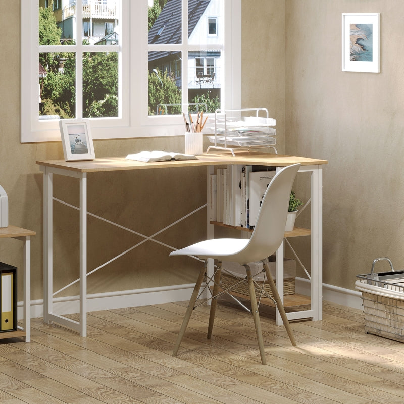 Oak Tone L-Shaped Folding Corner Desk with Storage Shelf