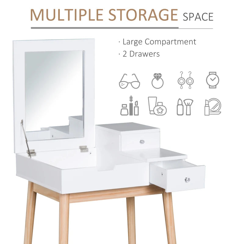 White Flip-Up Mirror Dressing Table Desk with 2 Drawers