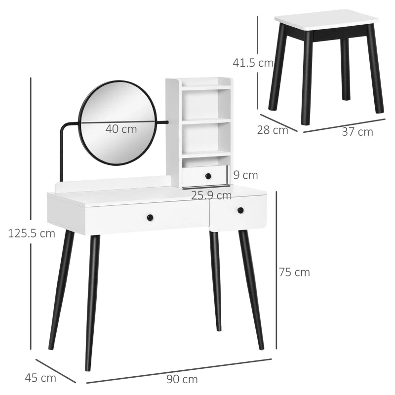 White Vanity Dressing Table Set with Mirror, Stool, and Storage