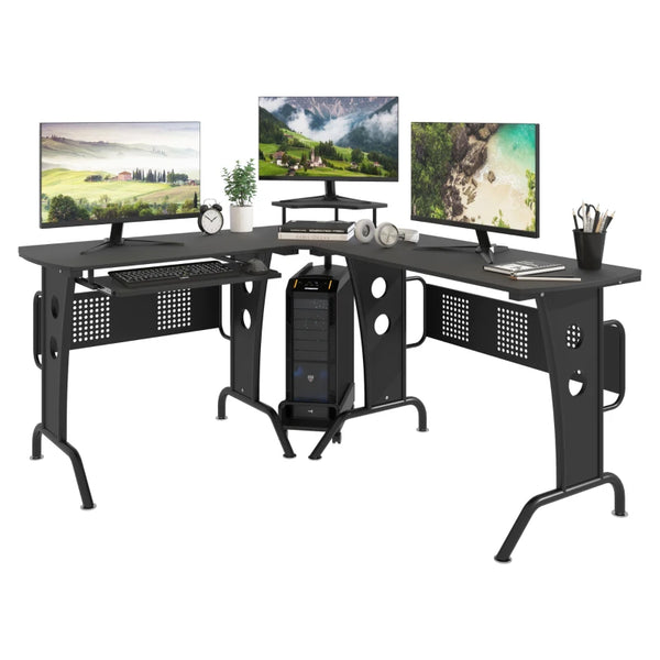 Black L-Shaped Gaming Desk with Steel Frame and CPU Rack