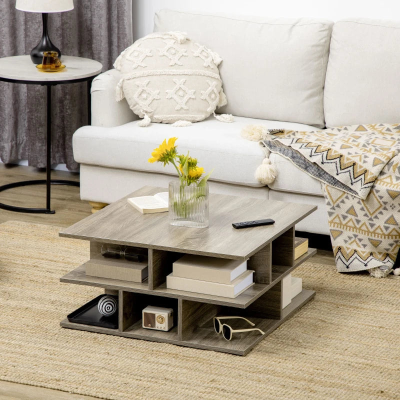 Modern Grey Square Coffee Table with Storage Shelves - 70 x 70 x 36.5 cm