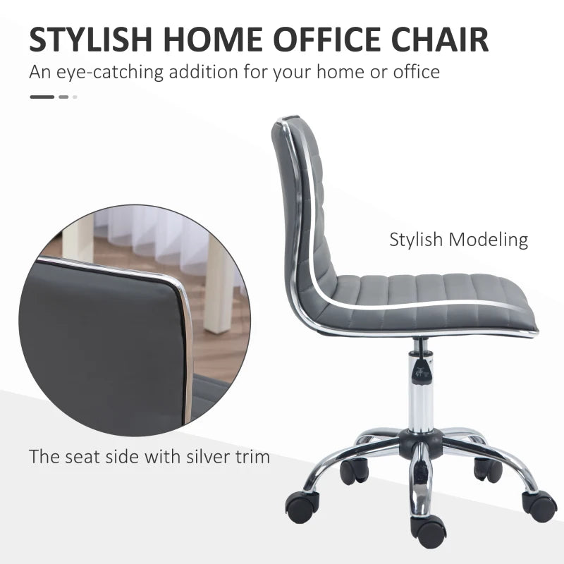 Dark Grey Armless Swivel Office Chair - PU Leather, Chrome Base