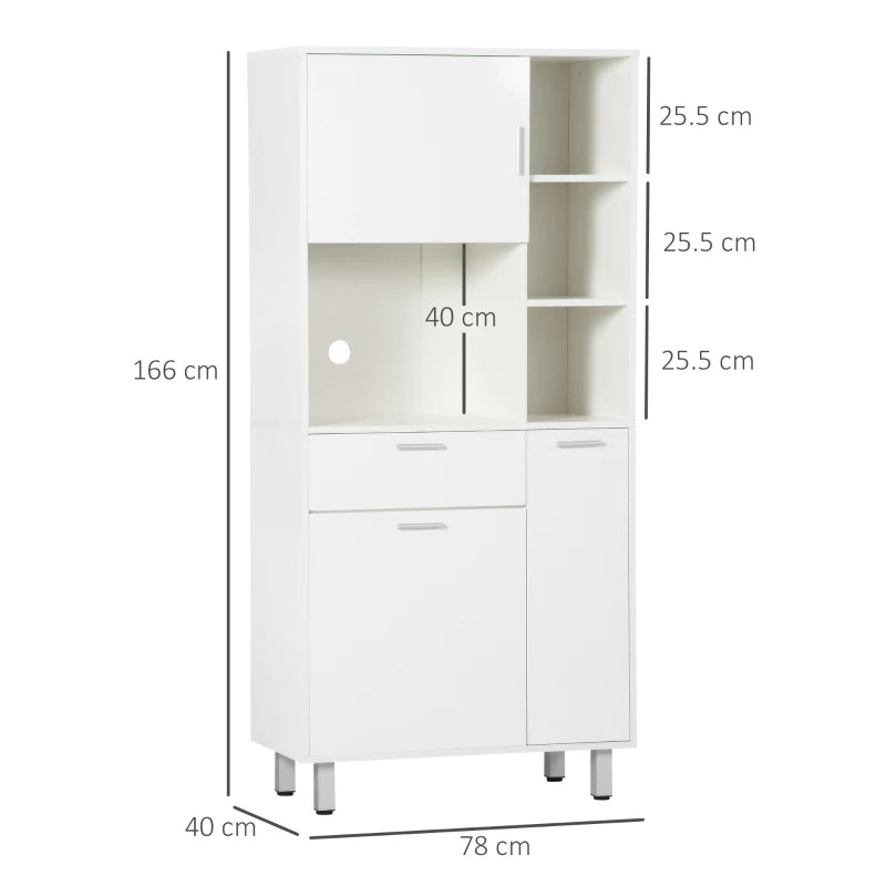 White Kitchen Storage Cabinet with Shelves and Drawer, 166 cm