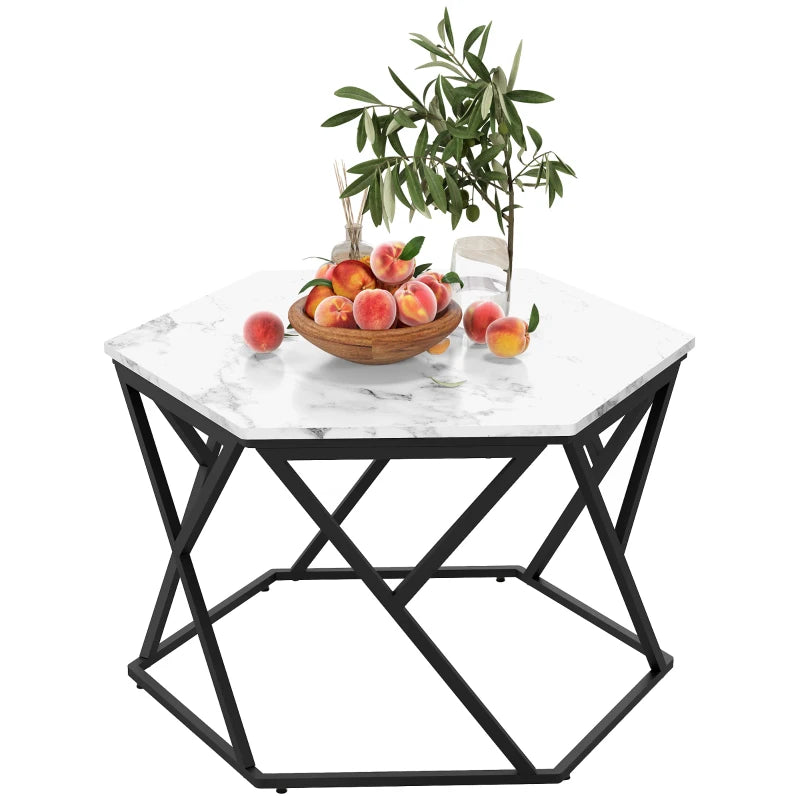 White Hexagonal Marble Coffee Table with Steel Frame