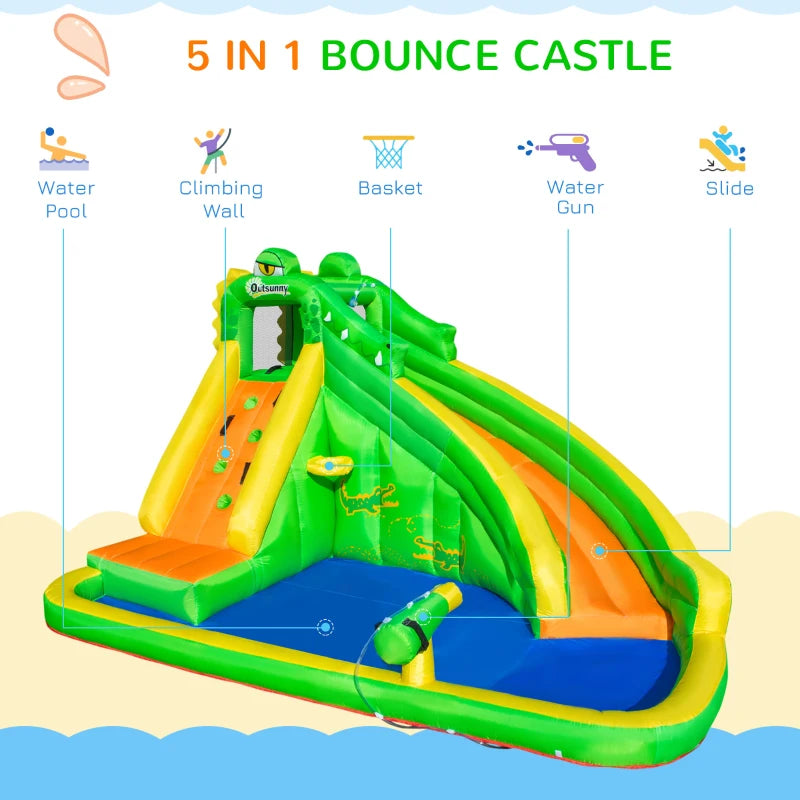 Kids Crocodile Bouncy Castle with Slide & Water Pool - Green