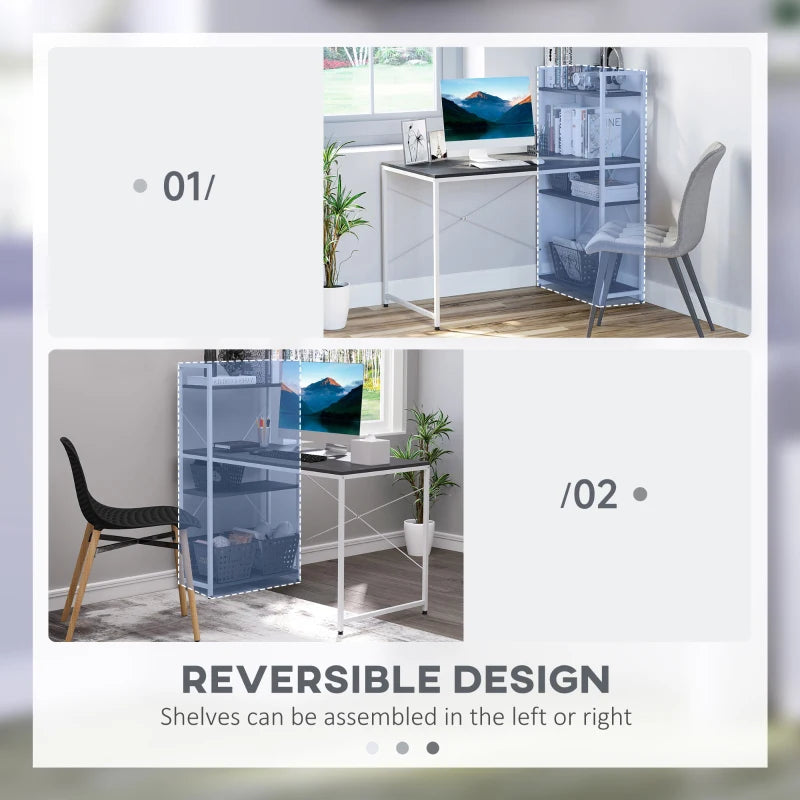 Reversible Industrial Computer Desk with Storage Shelves, Black & White