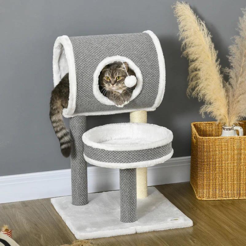 Cat Tree with Scratching Post and Toy Ball - White, 48 x 48 x 73cm