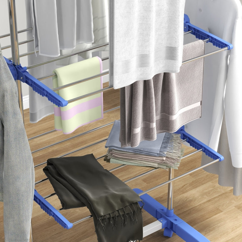 Blue Folding Clothes Drying Rack with Side Arms and Wheels