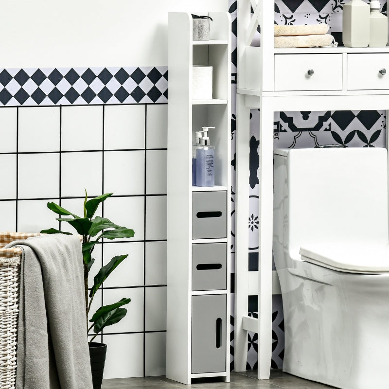 Grey Tall Bathroom Storage Cabinet with Open Shelves and Cupboards