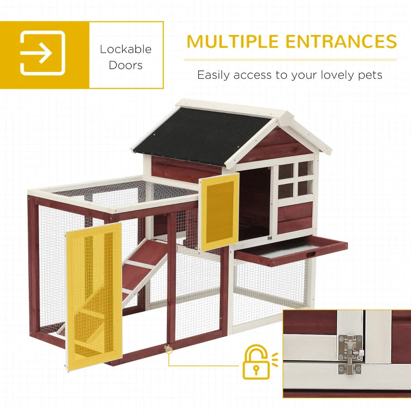 Brown 2-Tier Wooden Rabbit Hutch with Run and Sliding Tray, 122 x 62.6 x 92cm