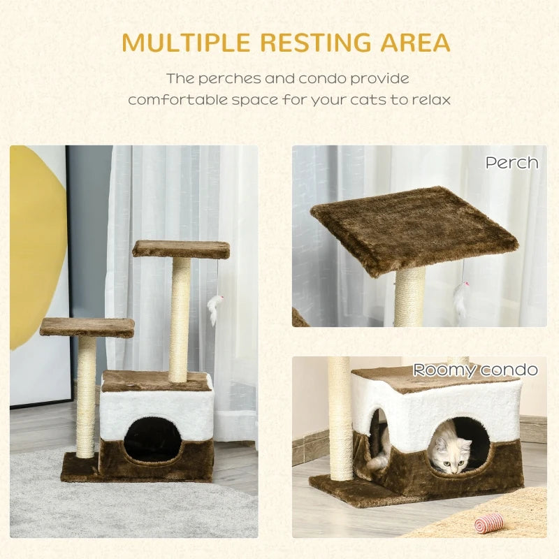 Brown Cat Tree Tower with Scratching Posts and Interactive Toy, 45 x 33 x 70 cm