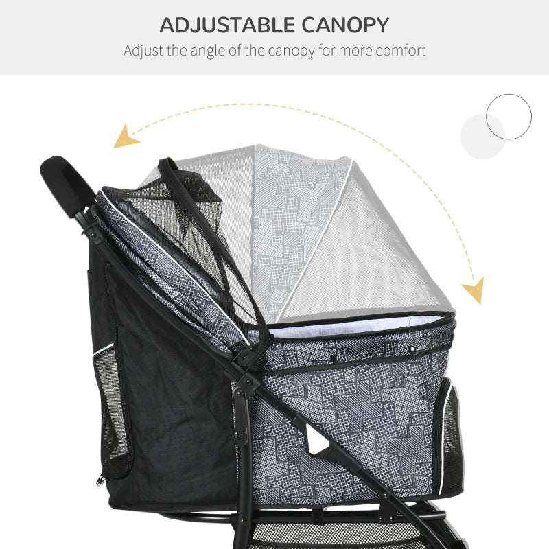 Grey Pet Stroller with Large Carriage and Storage Bag