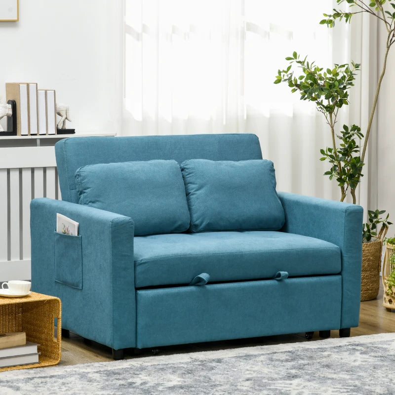 Blue Convertible Loveseat Sofa Bed with Cushions and Side Pockets