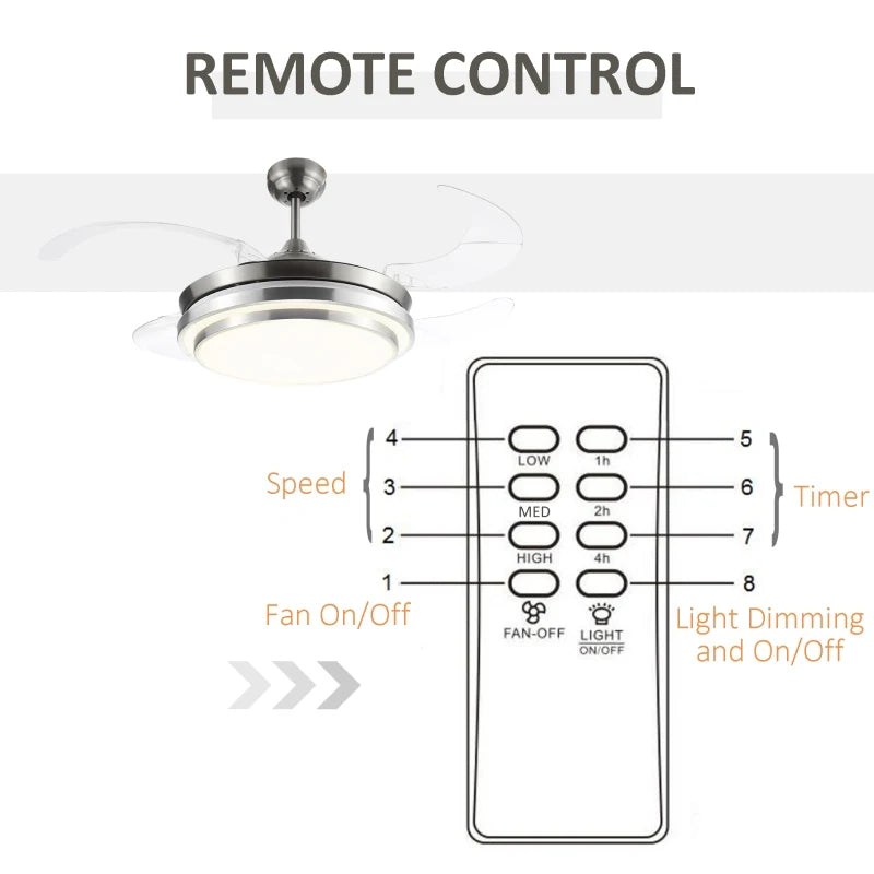 Modern White Ceiling Fan with Retractable Blades and Dimmable LED Light