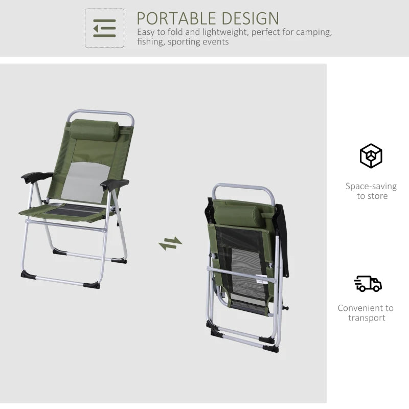 Green Folding Camping Chair with Adjustable Recliner Seat and Pillow