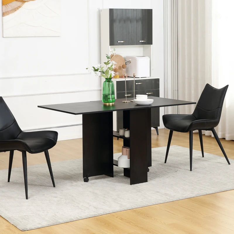 Foldable Extendable Dining Table with Shelves and Casters - Black