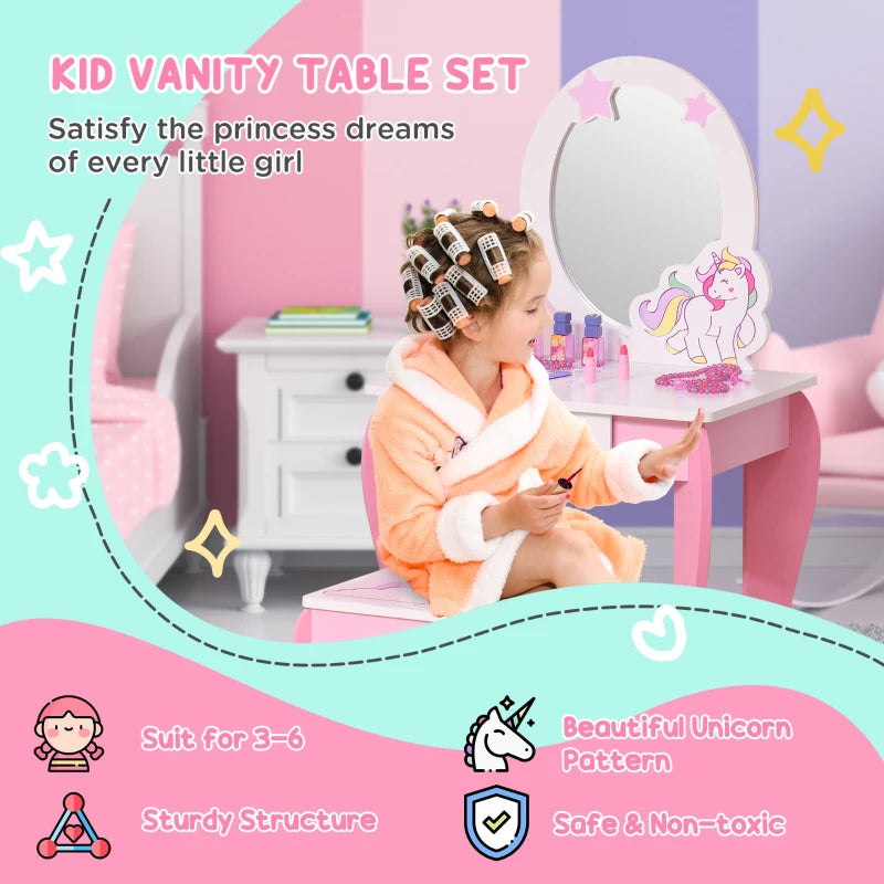 Kids Pink Dressing Table Set with Mirror and Stool