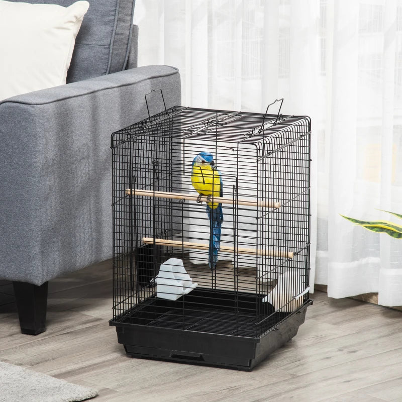 Black Steel Bird Cage with Open Top, Stand, Tray, Handles, Bowls - Parakeet, Finch