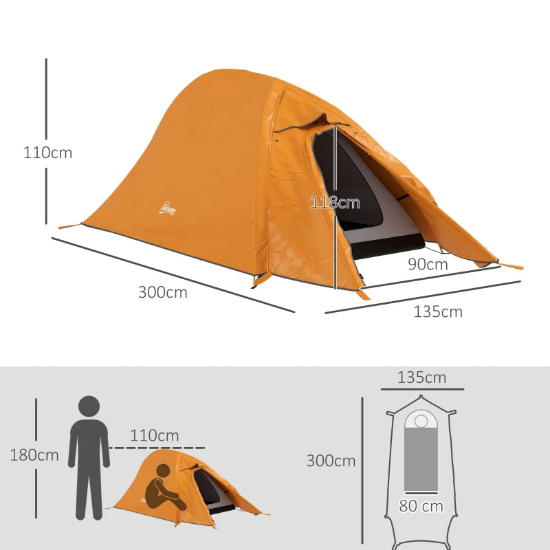 Orange Double Layer Camping Tent, 1-2 Person Backpacking Tent, Waterproof & Lightweight