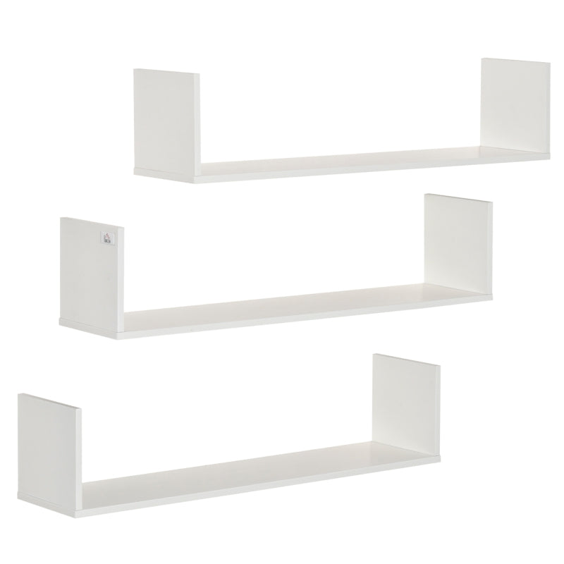 White Wooden U-Shaped Floating Shelves Set - Wall Mounted Storage Display