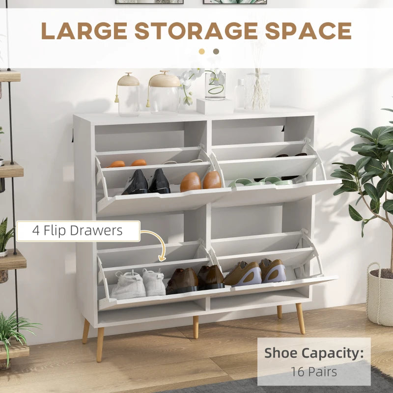 White Shoe Storage Cabinet with 4 Flip Drawers - Organize 16 Pairs of Shoes