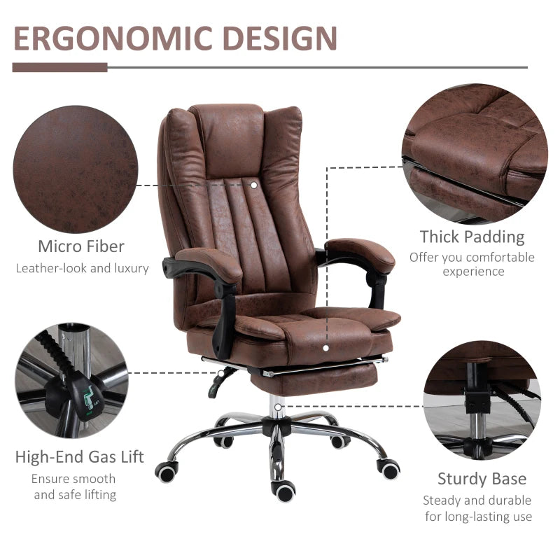 Brown Microfibre Home Office Chair with Reclining Function & Footrest