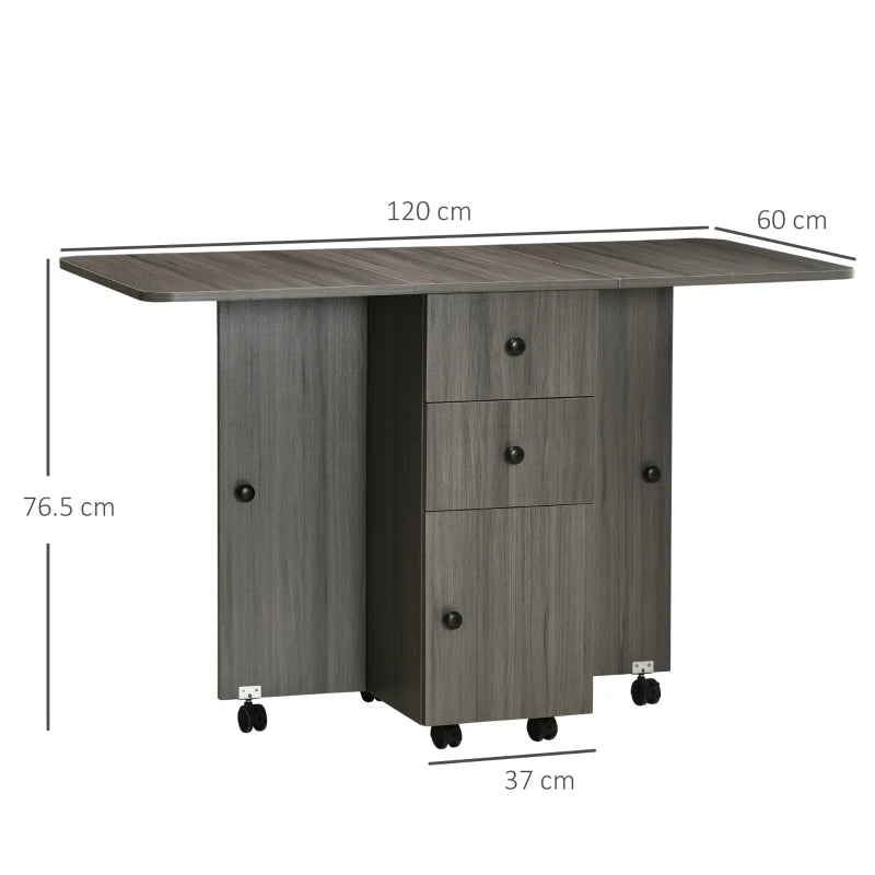 Grey Folding Dining Table with Storage Drawers and Wheels