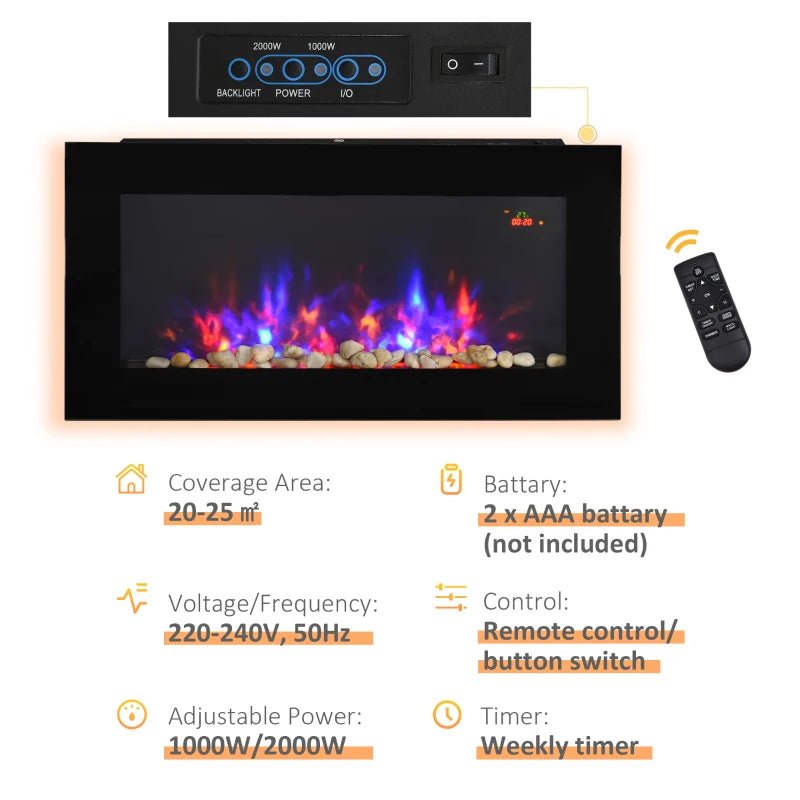 Black LED Electric Fireplace with Remote Control and Timer