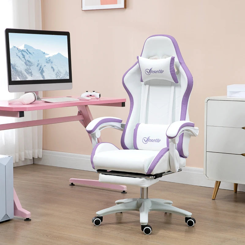 White & Purple Racing Gaming Chair with Footrest & Swivel Seat