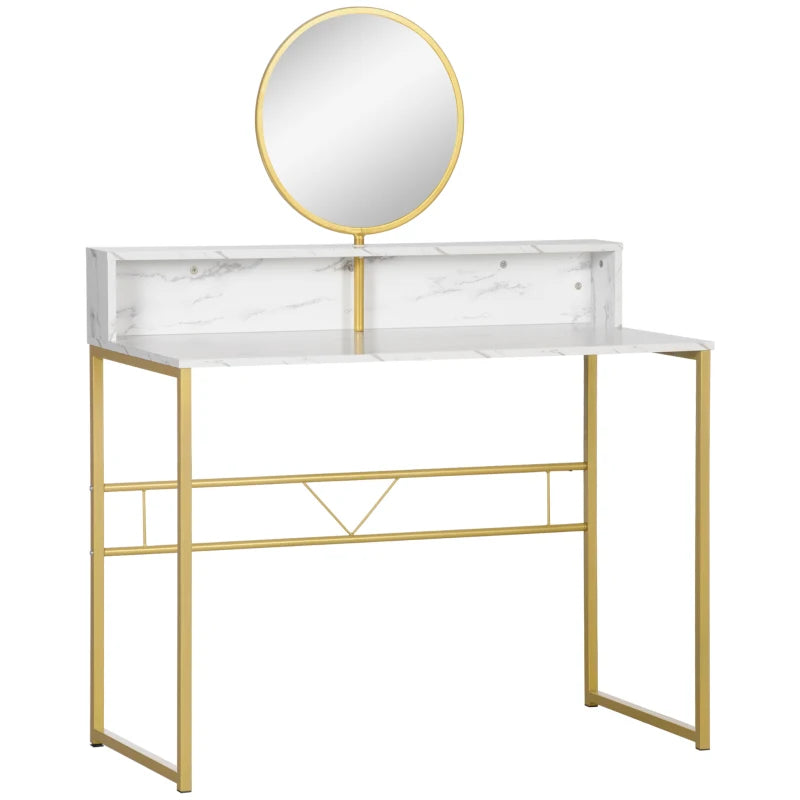 White Modern Vanity Dressing Table with Round Mirror and Faux Marble Texture