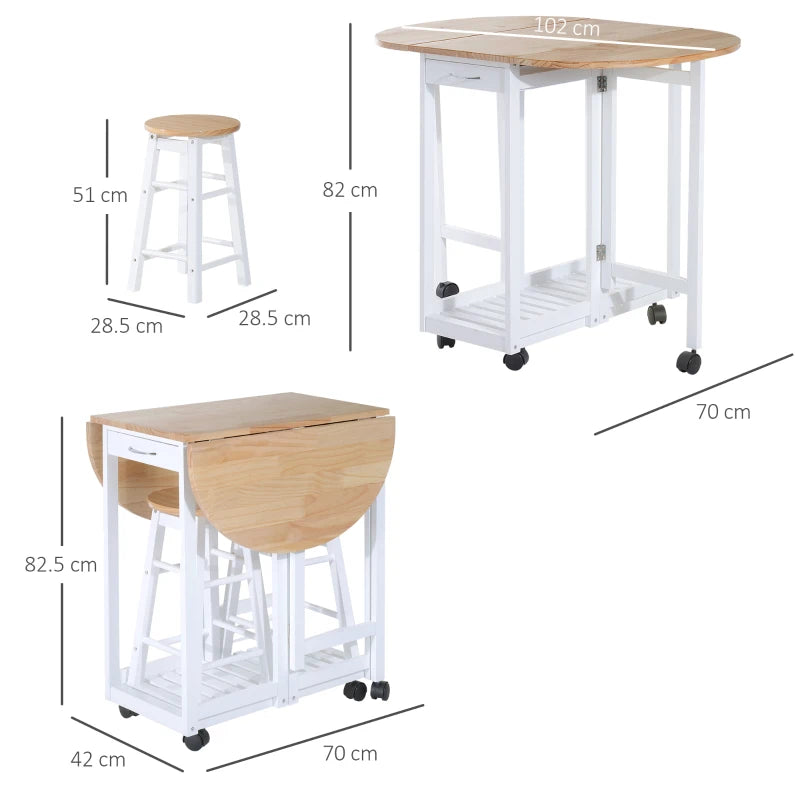 3 Piece Wooden Kitchen Cart Set with Folding Bar Table, Stools, and Storage