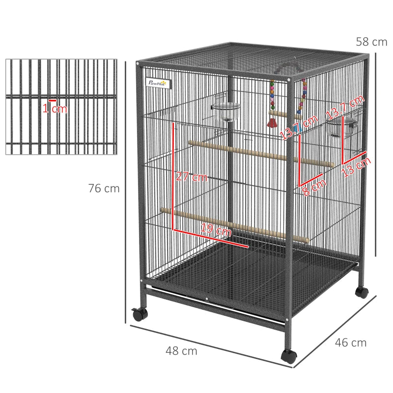 Grey Bird Cage with Rolling Stand for Small Birds