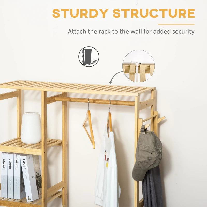 Natural Bamboo Garment Rack with Storage Shelf and Hanging Rail