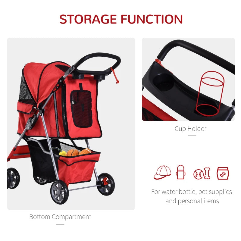 Red Pet Stroller for Small Pets - Foldable Travel Carriage with Wheels