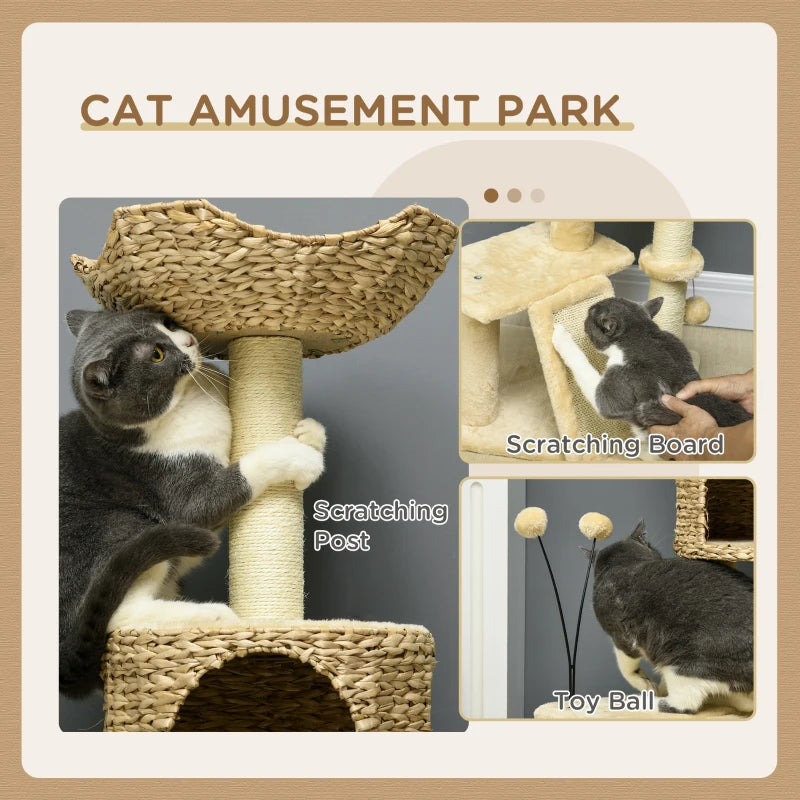 Beige Cat Tree Tower with Scratching Post, House, Bed, Toy Ball, Platform