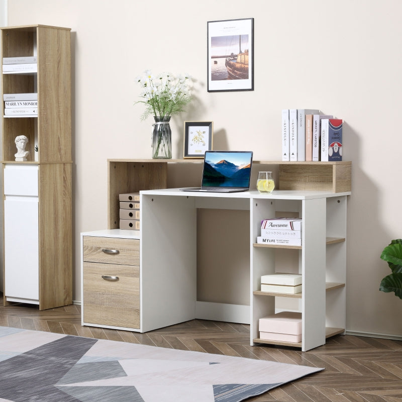 Oak and White Computer Desk with Drawers and Storage Shelves