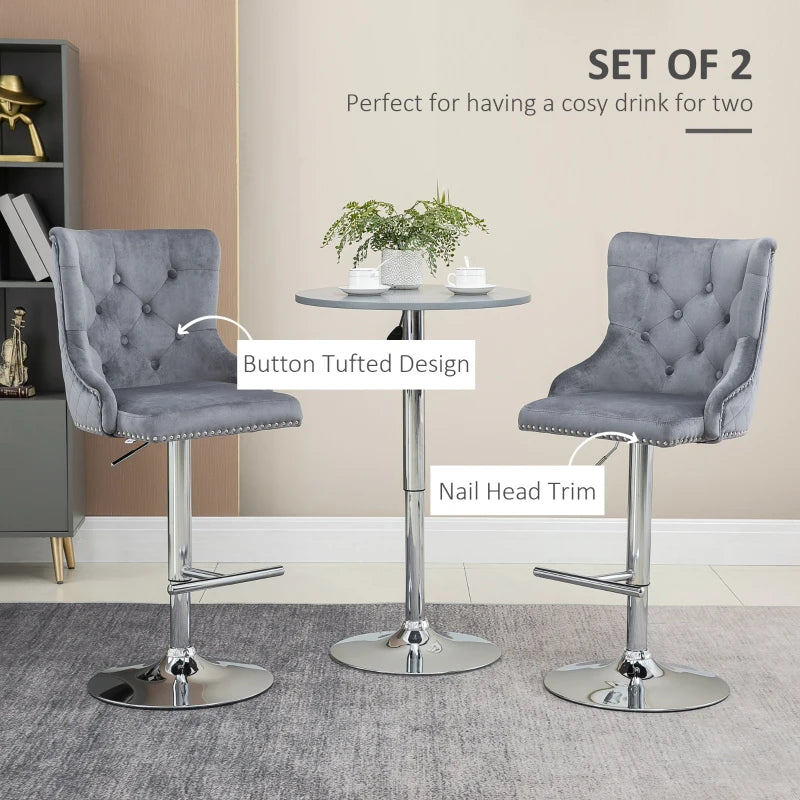 Grey Velvet Swivel Barstools Set of 2 with Button Tufted Back and Footrest