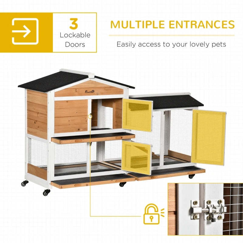 Yellow 2-Tier Rabbit Hutch with Run and Wheels - 157.4 x 53 x 99.5 cm