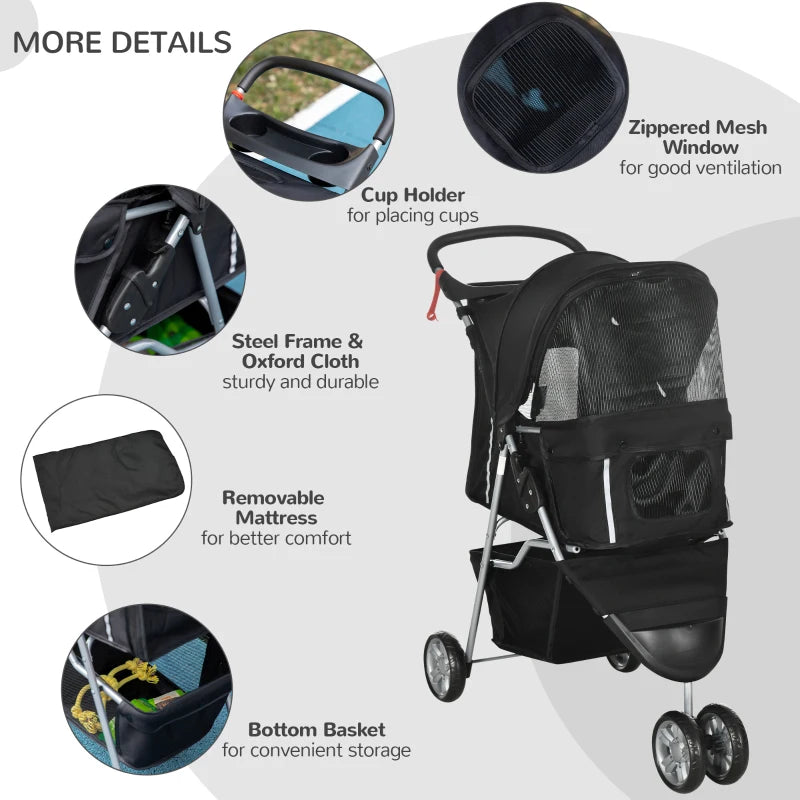 Black Pet Travel Stroller for Small Dogs - 3 Wheels