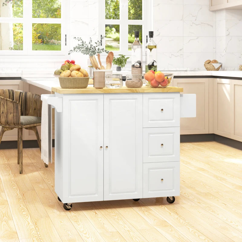 White Drop-Leaf Kitchen Island Cart with Drawers & Cabinet