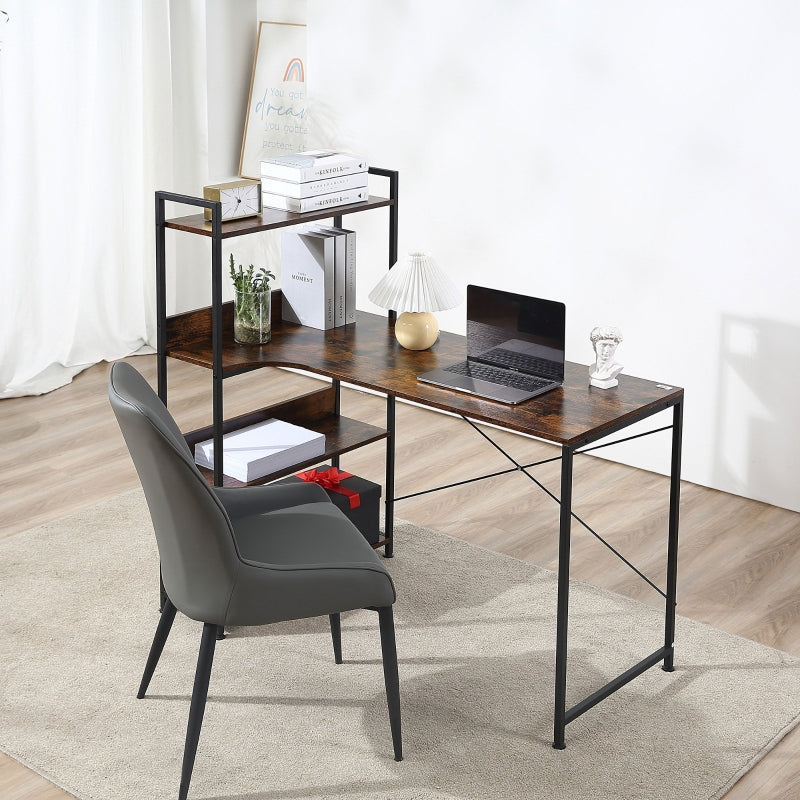 Brown 4-Tier Storage Computer Desk with Bookshelf, Metal Frame - 120 x 70 x 120cm