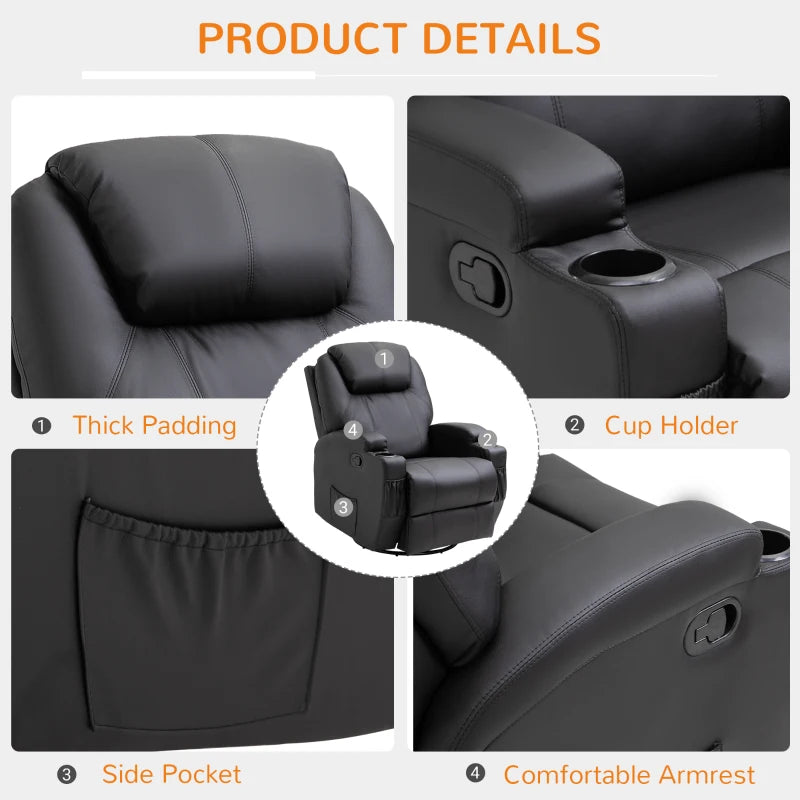 Black Swivel Recliner Armchair with Massage and Drink Holders