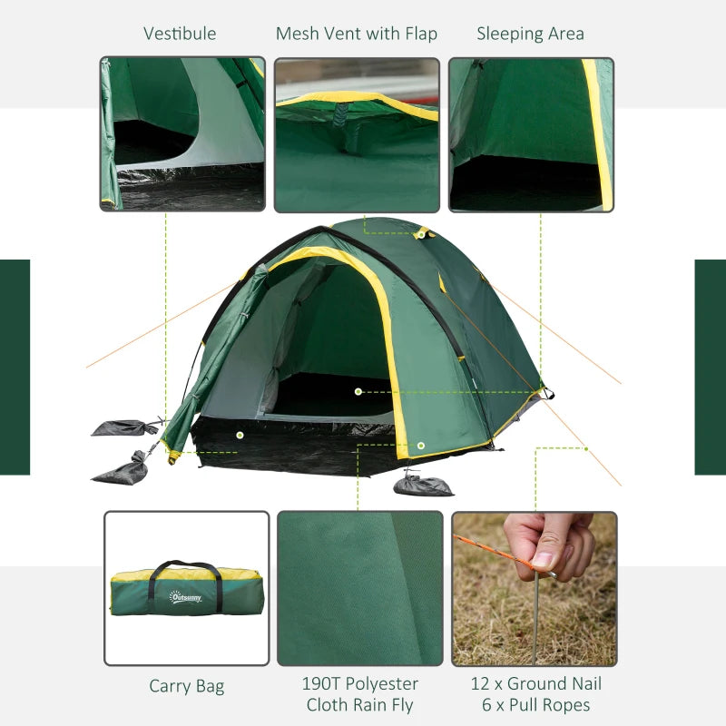 2-Person Waterproof Dome Camping Tent with Large Windows in Green and Yellow