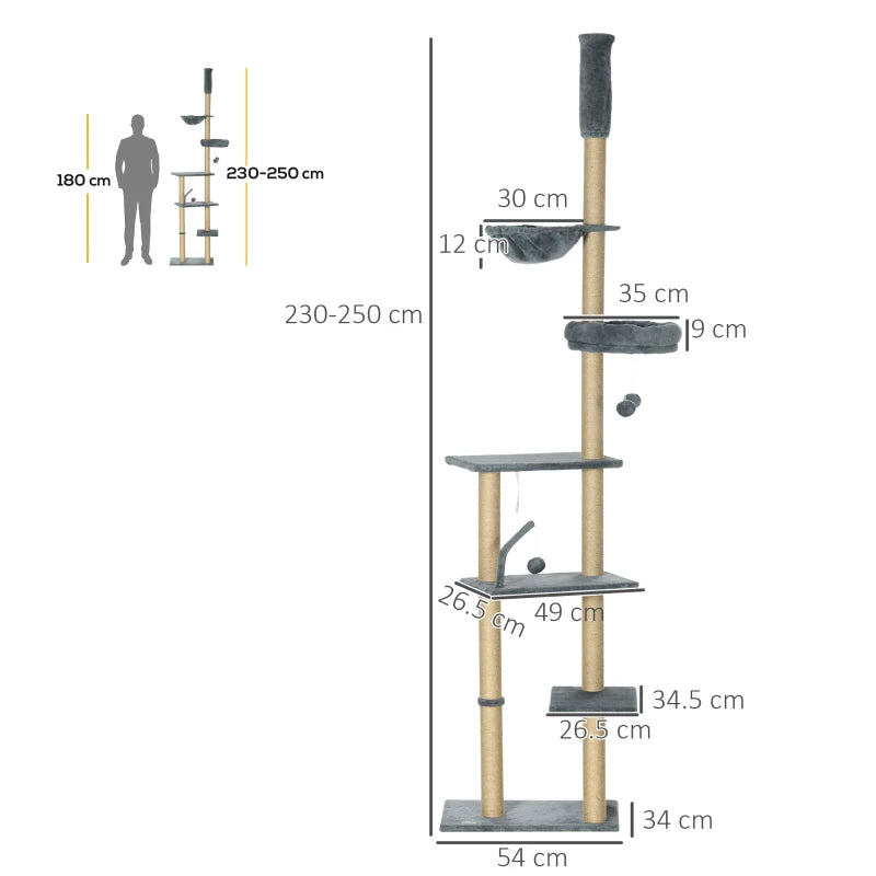 Grey 6-Tier Floor to Ceiling Cat Tree with Scratching Post and Hammock