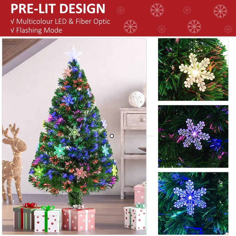 4FT Green Fibre Optic Christmas Tree with Colourful LED Lights and Snowflake Ornaments