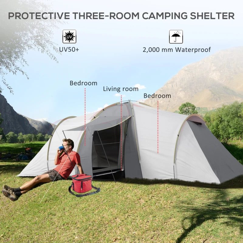 4-Person Tunnel Camping Tent with 2 Bedrooms and Living Area - Grey/Yellow